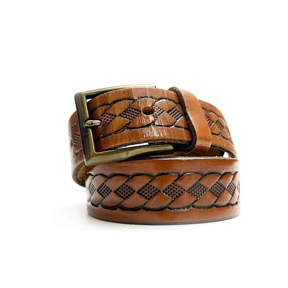 vintage | western cowhide leather boho engraved braided design belt | xs - m